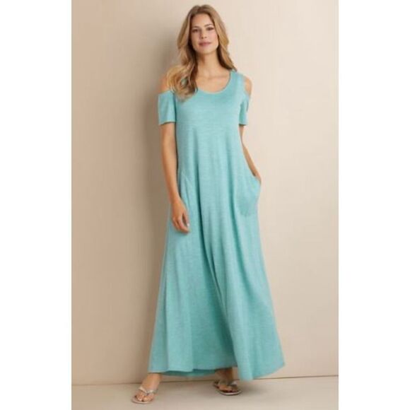 NWT Soft Surroundings Electra Cold Shoulder Maxi Dress Pockets Sky Blue Size PL - Picture 1 of 10